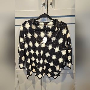 Free People Black and White Spring Short Sleeve Sweater, Open Weave